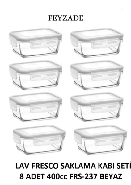 Fresco Kilitli Cam Saklama Kabı 8 Parça 400CC (FRS-237) Beyaz Kapaklı