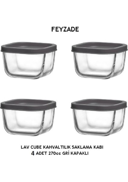 Feyzade Cube Kahvaltılık Saklama Kabı 4 Adet 270CC Gri Kapaklı