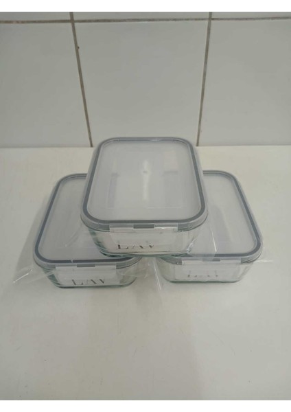 Feyzade Fresco Cam Kilitli Saklama Kabı 3'lü Set Dikdörtgen (1200 CC)-(FRS-257)