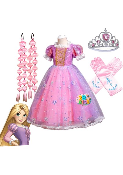 Rapunzel Kostüm Elbise Rapunzel Pembe Bubble Saç Taç Eldiven