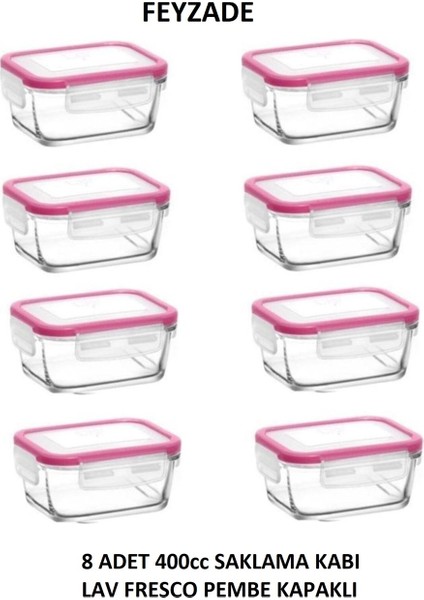 Feyzade Fresco Kahvaltılık Saklama Kabı Seti 8 Adet 400CC Pembe Kapaklı Dikdörtgen (FRS-237)