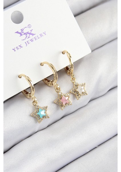 Bfs Pirinç Zirkon Taşlı 3'lü Renkli Yıldız Model Gold Renk Kadın Küpe