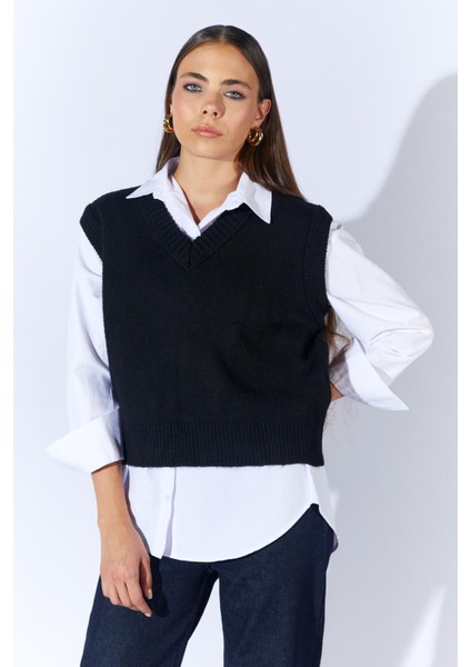 Kadın Siyah V Yakalı Basic Süveter