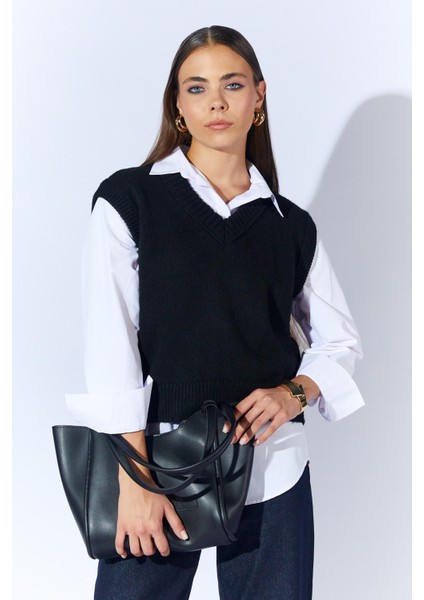 Kadın Siyah V Yakalı Basic Süveter fiyatları
