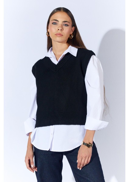 Kadın Siyah V Yakalı Basic Süveter modelleri