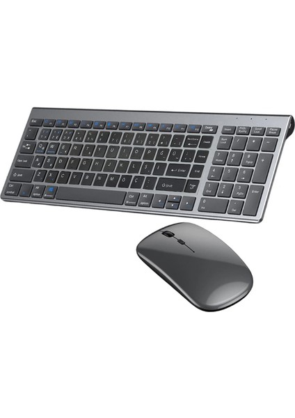 Onezero Kablosuz Türkçe Klavye Mouse Set Şarjlı Klavye Mouse 2.4g USB Dongle Klavye ve Bluetooth Bağlantılı Mouse Ergonomik Tasarım Kablosuz Klavye ve Mouse Titanyum Renk ZR609