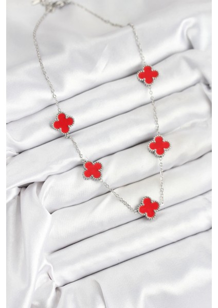 Bfs 316L Çelik Zincir Gümüş Kırmızı Renk Yonca Kadın Kolye fiyatları