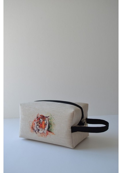 Şık Kaplan Baskılı Makyaj Çantası, Bej Renkli, Hafif ve Kullanışlı Tasarım