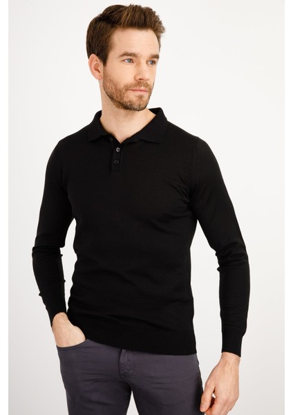 Erkek Basic Polo Yaka Ince Triko Kazak Siyah