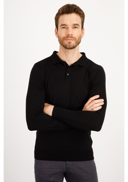 Erkek Basic Polo Yaka Ince Triko Kazak Siyah fiyatları