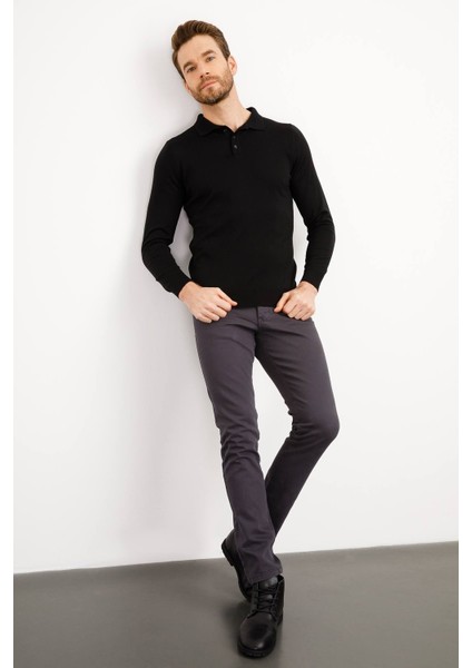 Erkek Basic Polo Yaka Ince Triko Kazak Siyah fırsatları