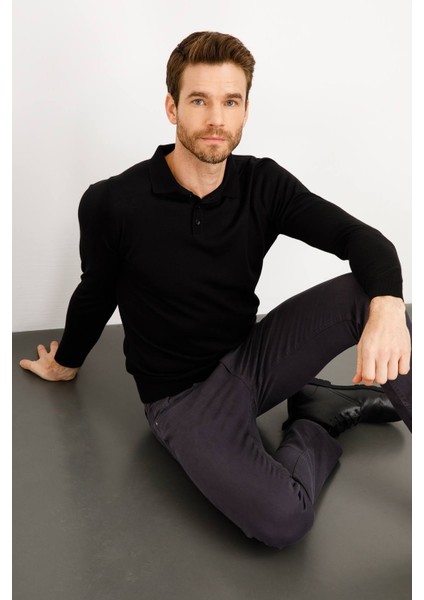 Erkek Basic Polo Yaka Ince Triko Kazak Siyah indirimleri