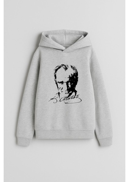 Mustafa Kemal Atatürk Baskılı Gri Kapşonlu Kapüşonlu Çocuk Yetişkin Sweatshirt Hoodie