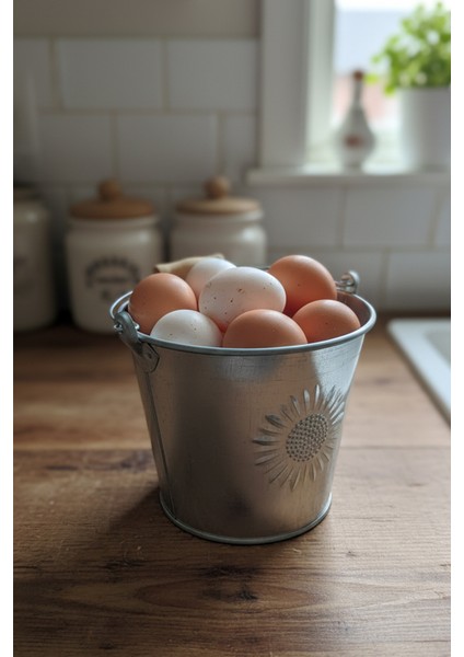 Metal Çok Amaçlı 2.3 Litre Güneş Kabartmalı Mini Kova - Dekoratif Saklama Kabı (14 cm) indirimleri