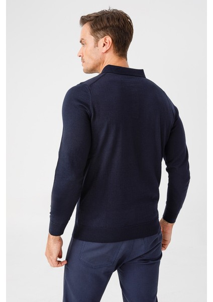 Erkek Basic Polo Yaka Ince Triko Kazak Koyu Lacivert fırsatları
