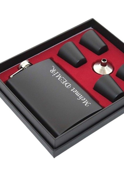 Isime Kişiye Özel Çelik Matara Hediye Seti Siyah Içecek Matarası Paslanmaz Çelik 4 Bardaklı Cep Matarası