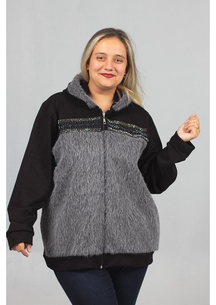 Büyük Beden Ön Kürk ve Taş Işlemeli Kapşonlu Mont modelleri