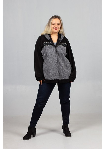 Büyük Beden Ön Kürk ve Taş Işlemeli Kapşonlu Mont fırsatları