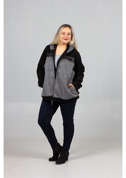 Büyük Beden Ön Kürk ve Taş Işlemeli Kapşonlu Mont indirimleri