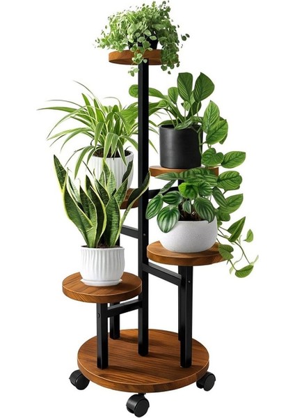 Tekerlekli Metal Çiçeklik 5 Raflı Saksılık Dekoratif 5 Raflı Çiçeklik Metal Doğal Ahşap Saksılık Çiçek Rafı Daire Model