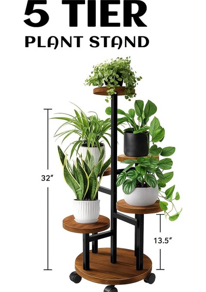 Tekerlekli Metal Çiçeklik 5 Raflı Saksılık Dekoratif 5 Raflı Çiçeklik Metal Doğal Ahşap Saksılık Çiçek Rafı Daire Model fiyatları