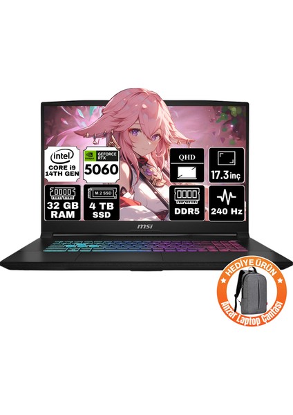 Msı Katana 17 Hx ıntel Core I9 14900HX 32GB 4tb SSD RTX5060 8gb Windows 11 Pro 17.3" Qhd 240Hz Taşınabilir Bilgisayar B14WFK-217TR-A62