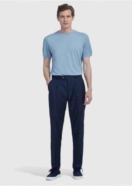 Lacivert Düz Kumaş Slim Fit Casual %100 Yün Pantolon