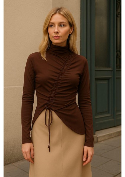 Kadın Kahverengi Önden Büzgülü Dar Kesim Body 28284