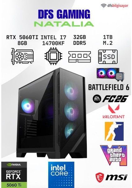 Dfs Gamıng Natalıa Intel I7 14700KF-B760M Wifi-Rtx 5060 Tı 8GB-32GB Ddr5 Ram-1tb M.2 Ssd-Oyuncu Bilgisayarı