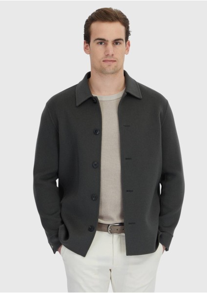 Haki Düz Regular Fit Dokuma Yün Karışımlı Overshırt