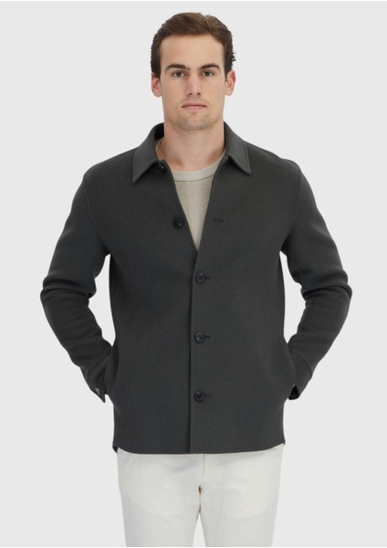 Haki Düz Regular Fit Dokuma Yün Karışımlı Overshırt modelleri