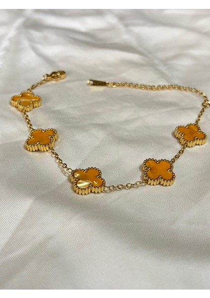 Gold 4 Yaprak Sedefli Turuncu Yonca Şans Çelik Bileklik