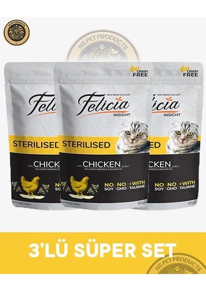 Pouch Kısırlaştırılmış Tavuklu Yaş Kedi Maması 3X85GR