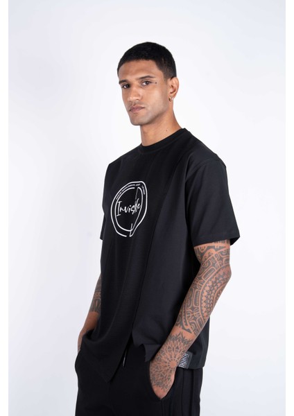 Kısa Kollu Baskılı Kumaş Kombinasyonlu Siyah Pamuklu T-Shirt