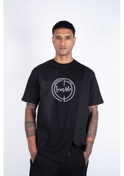 Kısa Kollu Baskılı Kumaş Kombinasyonlu Siyah Pamuklu T-Shirt fiyatları