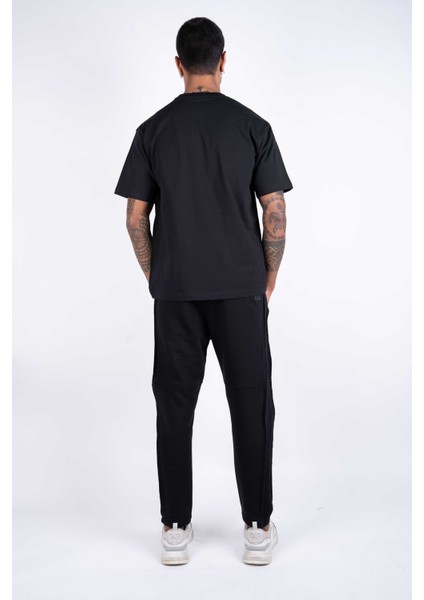 Kısa Kollu Baskılı Kumaş Kombinasyonlu Siyah Pamuklu T-Shirt modelleri