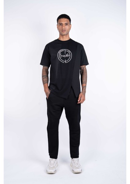 Kısa Kollu Baskılı Kumaş Kombinasyonlu Siyah Pamuklu T-Shirt fırsatları