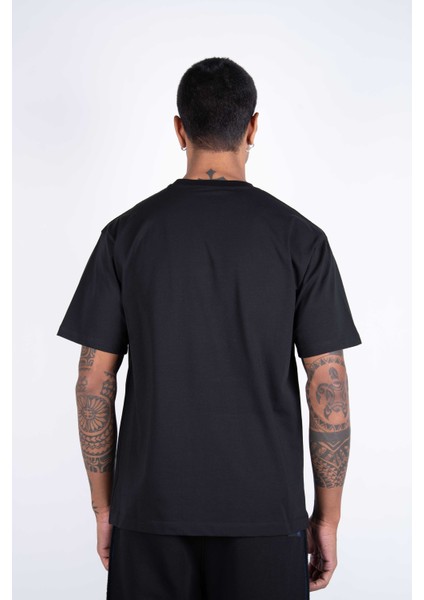 Kısa Kollu Baskılı Kumaş Kombinasyonlu Siyah Pamuklu T-Shirt indirimleri