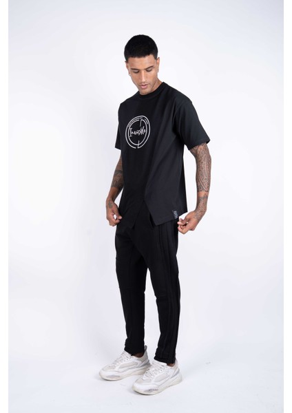 Kısa Kollu Baskılı Kumaş Kombinasyonlu Siyah Pamuklu T-Shirt