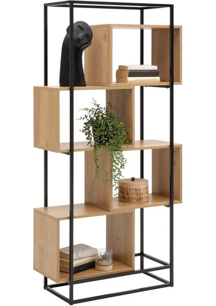 Metal Ahşap Kitaplık Dekoratif 5 Raflı Ofis Kitaplığı Kitap Dosya Rafı Çiçeklik Rafı Dekorasyon