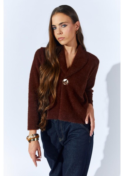 Kadın Kahve 8949 Gömlek Yaka Gold Düğmeli̇ Sakal Hirka