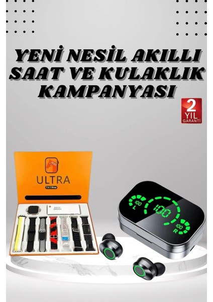 7 Kordonlu Akıllı Saat ve Aynalı Bluetooth Kulaklık Powerbank Dijital Göstergeli