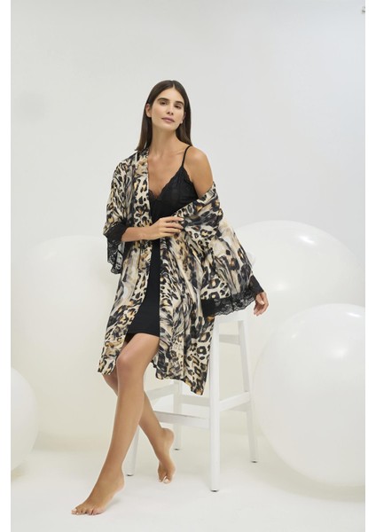 Kadın Siyah Dantel Detaylı Leopar Gecelik Sabahlık Takımı C1T7N361 fiyatları