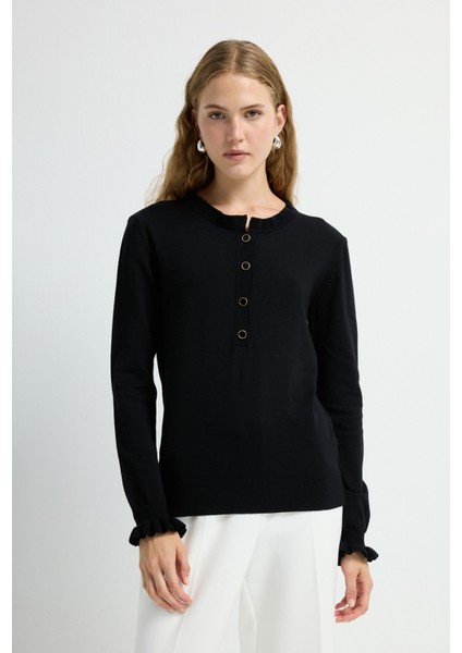 Uzun Kollu Patlı Triko Kazak Siyah 13943005002