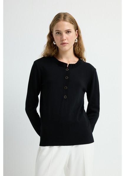 Uzun Kollu Patlı Triko Kazak Siyah 13943005002 fırsatları