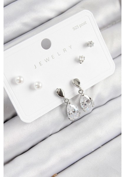 Bfs Pirinç Zirkon Taşlı Sallantılı Damla Model Gümüş Renk 925 Ayar Gümüş Çivi Kadın Küpe Set