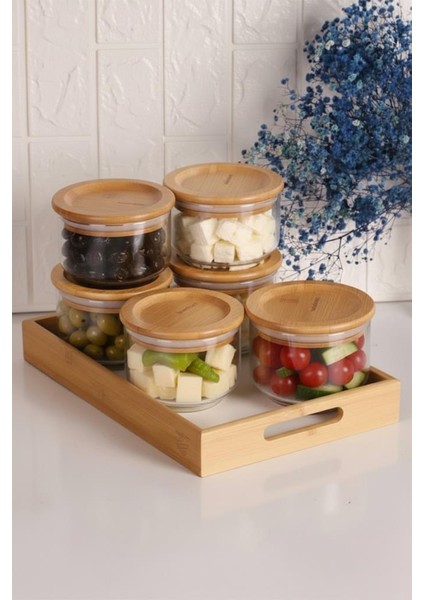 Duo 300ML 6'lı Beyaz Tepsili Bambu Kapaklı Cam Kahvaltılık