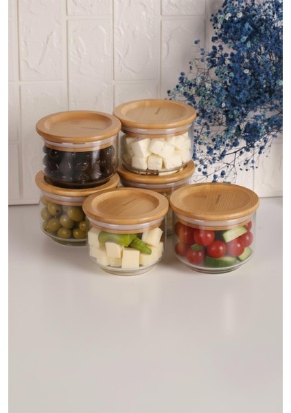 Duo 300ML 6'lı Beyaz Tepsili Bambu Kapaklı Cam Kahvaltılık modelleri