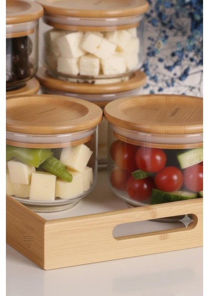 Duo 300ML 6'lı Beyaz Tepsili Bambu Kapaklı Cam Kahvaltılık fırsatları