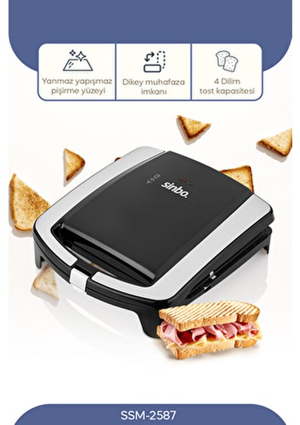 SSM-2587 Tost Makinesi 750 W Teflon Yüzey ile Yapışmaz ve Kolay Temizlenebilir modelleri